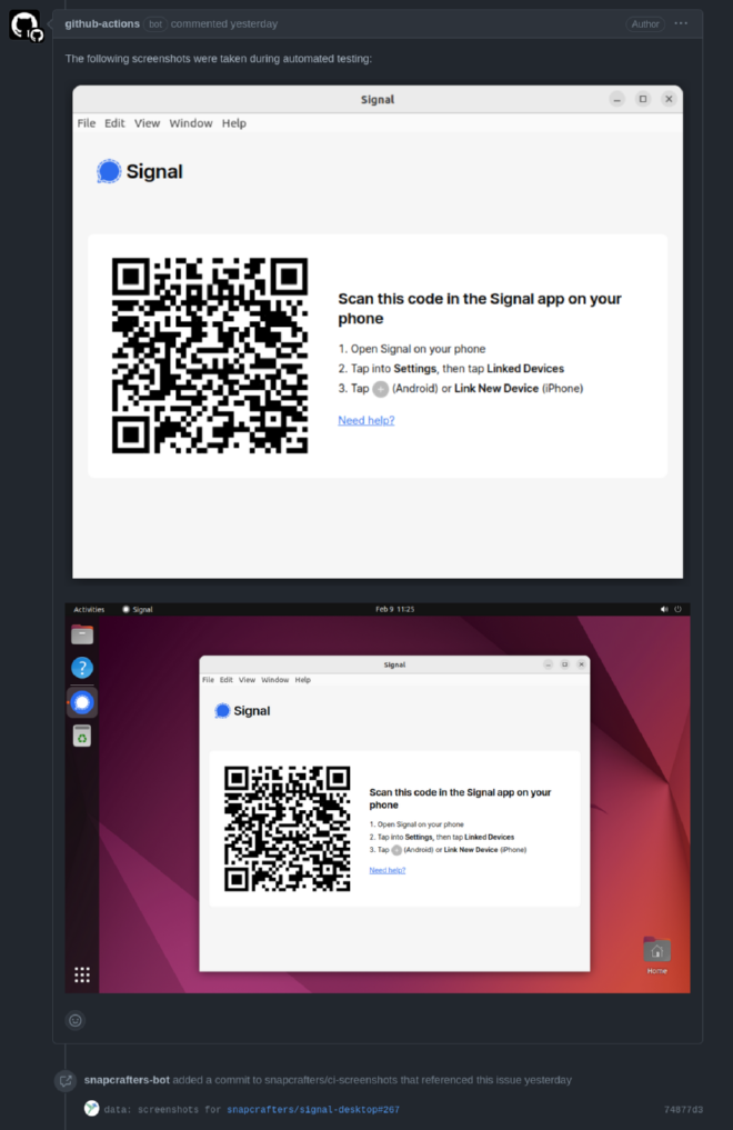 Github Issue comment containing screenshots from an automated test run