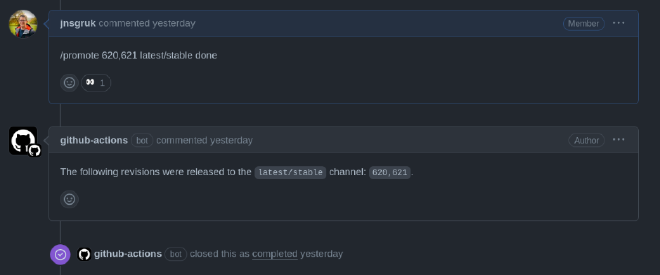 Github Issue comment showing revision promotion workflow
