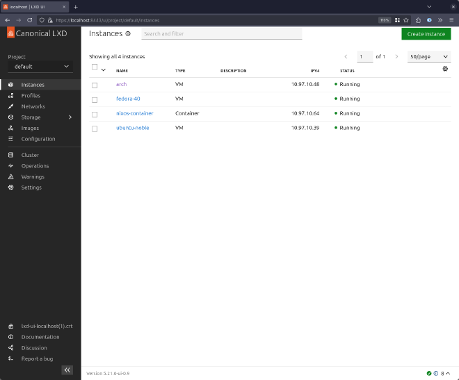 lxd ui showing multiple vms and containers