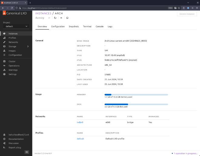 lxd ui showing a virtual machine instance summary