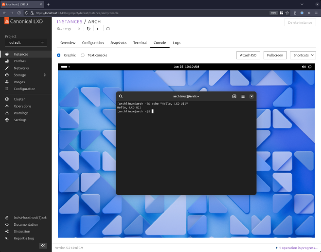 lxd ui showing a web-based spice console with a gnome desktop running on arch linux inside