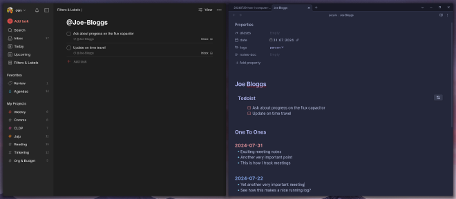 obsidian and todoist side-by-side showing the integration