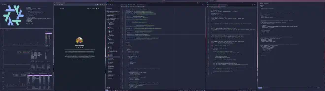 screenshot of a very busy hyprland desktop with editors, browsers, etc.