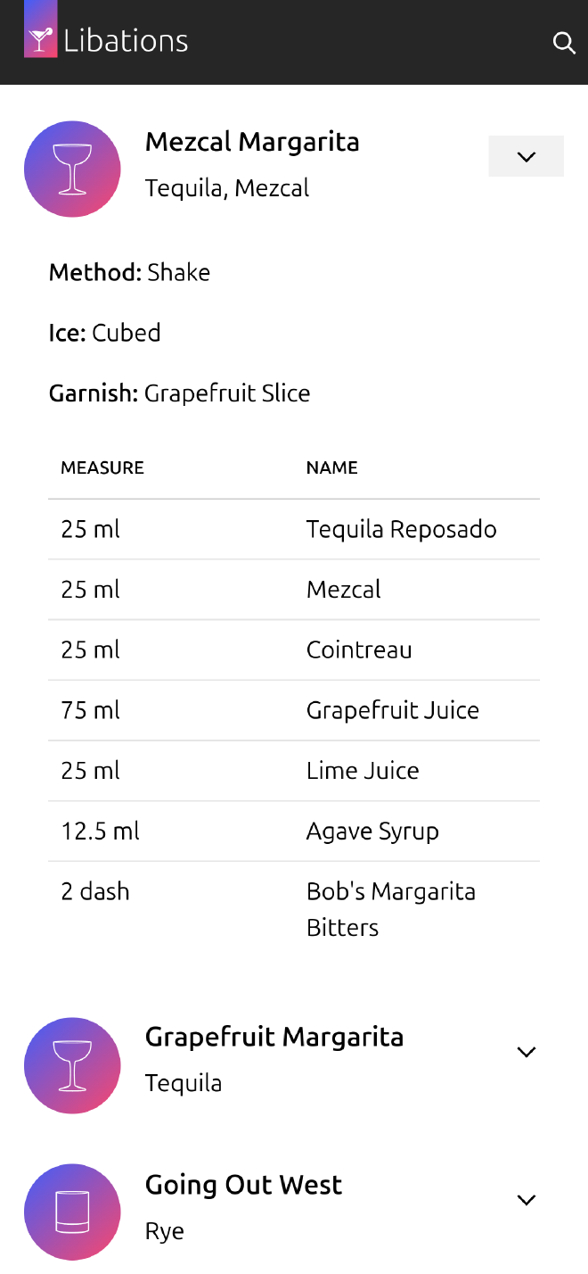 screenshot of the libations app displaying the recipe for a mezcal margarita