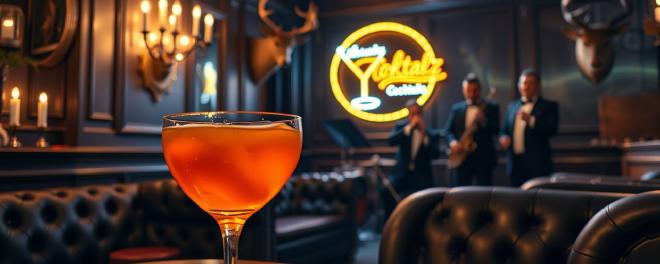 A dimly lit, prohibition style cocktail bar with chesterfield sofas
and a jazz band performing in front of a neon sign in the background.
Prominent orange cocktail in the foreground.
