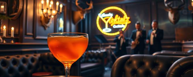 A dimly lit, prohibition style cocktail bar with chesterfield sofas
and a jazz band performing in front of a neon sign in the background.
Prominent orange cocktail in the foreground.