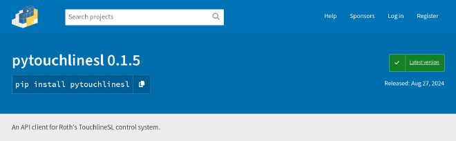 A screenshot of the header on pypi.org, showing the landing page
for the pytouchlinesl python library, at version 0.1.5.