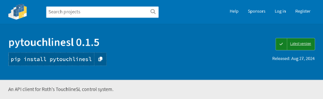 A screenshot of the header on pypi.org, showing the landing page
for the pytouchlinesl python library, at version 0.1.5.
