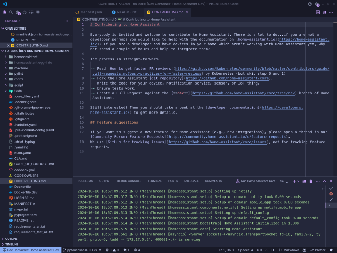 screenshot of home assistant core running inside visual studio code