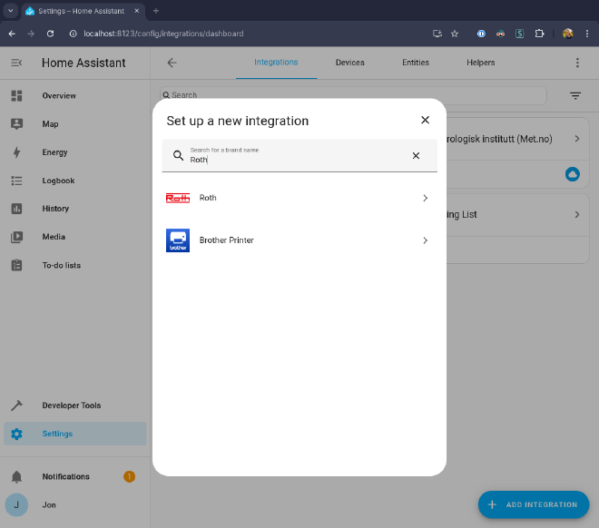 screenshot of home assistant adding a new integration showing the roth brand