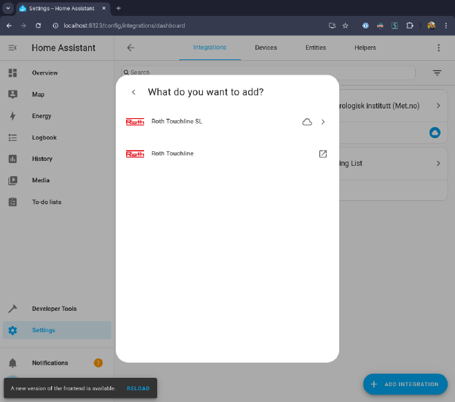 screenshot of home assistant adding a new integration showing the roth integrations