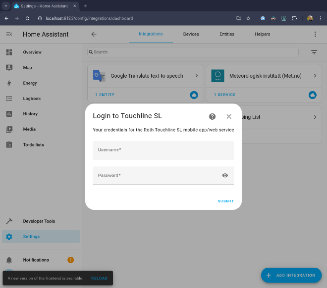 screenshot of home assistant config flow for the touchline_sl integration