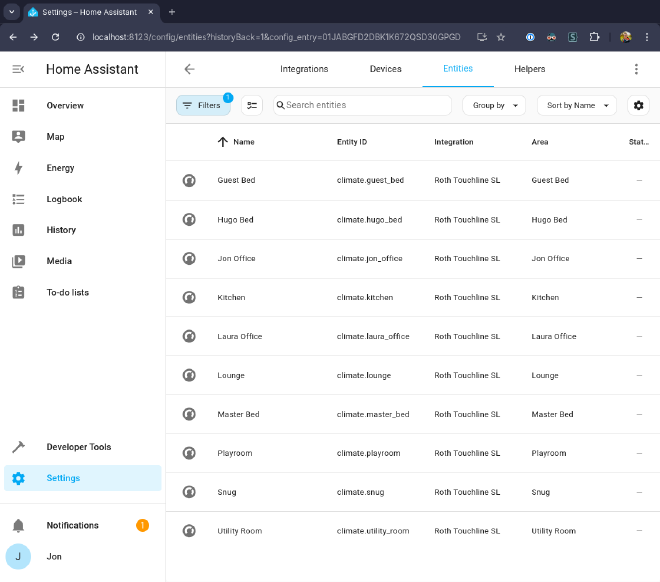 screenshot of home assistant showing touchline_sl climate entities