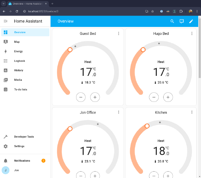 screenshot of home assistant showing touchline_sl climate dashboard