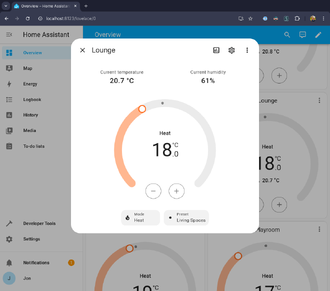 screenshot of home assistant showing touchline_sl thermostat controls