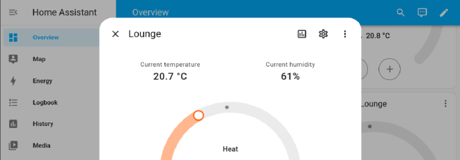 A screenshot of a thermostat widget in Home Assistant, for zone
named "Lounge".