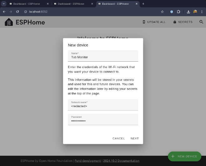 a screenshot showing the new device setup flow for ESPHome