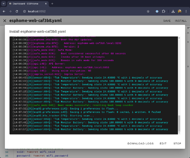 a screenshot showing the logs streaming from the esphome device