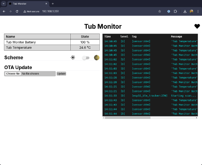 a screenshot showing the logs streaming from the esphome device directly