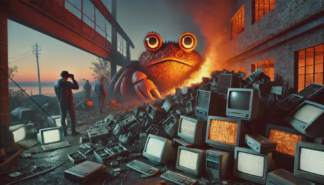 A dimly lit, post apocalyptic scene at twilight. A pile of computers are on fire in the
foreground, there are a few people walking around all wearing VR goggles looking dazed and
Ferris the crab is both massive, and looking solemnly into the camera.