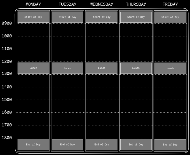 A baseline empty calendar showing start and end of day, as well as a lunch break.