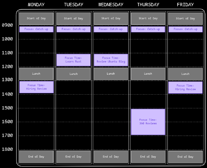 Daily focus time slots now labelled with planned tasks for the week.