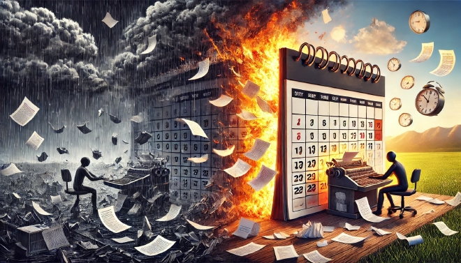 A picture showing chaos and malfunction on the left, with a much transformed and
more efficient calendar on the right, illustrating a transition from the unmanaged
to the managed.