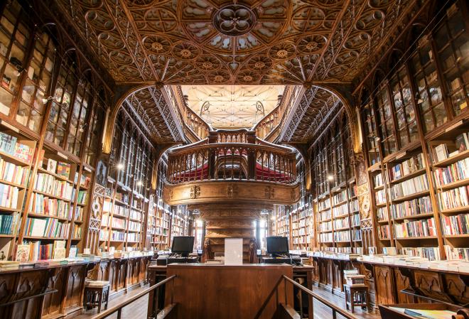 A photograph of a traditional library in Portugal.