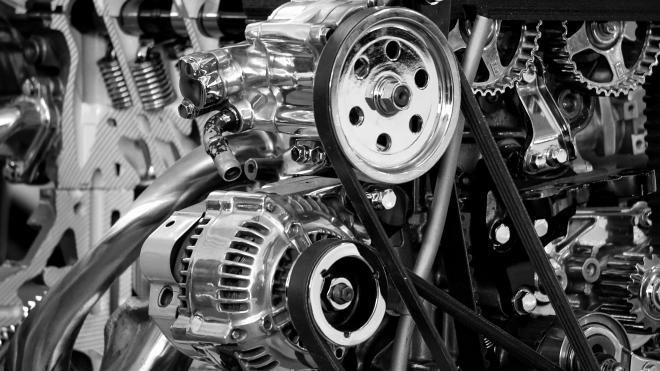 Greyscale photography of a car engine