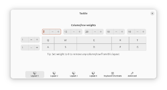 a screenshot of the tactile gnome extension configuration window