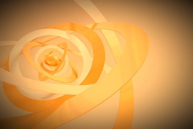An abstract illustration of an atom, with an
orange-based colour palette.
