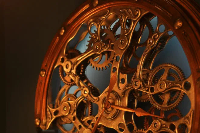 An ornate mechanical clock movement.
