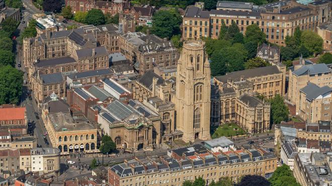 An aerial photo of the Wills Tower and surrounding buildings
in Bristol, UK.